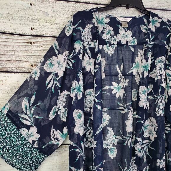 CJ Banks Women’s Plus 1X Floral Kimono Cardigan Sheer Navy Open Front - Picture 2 of 6